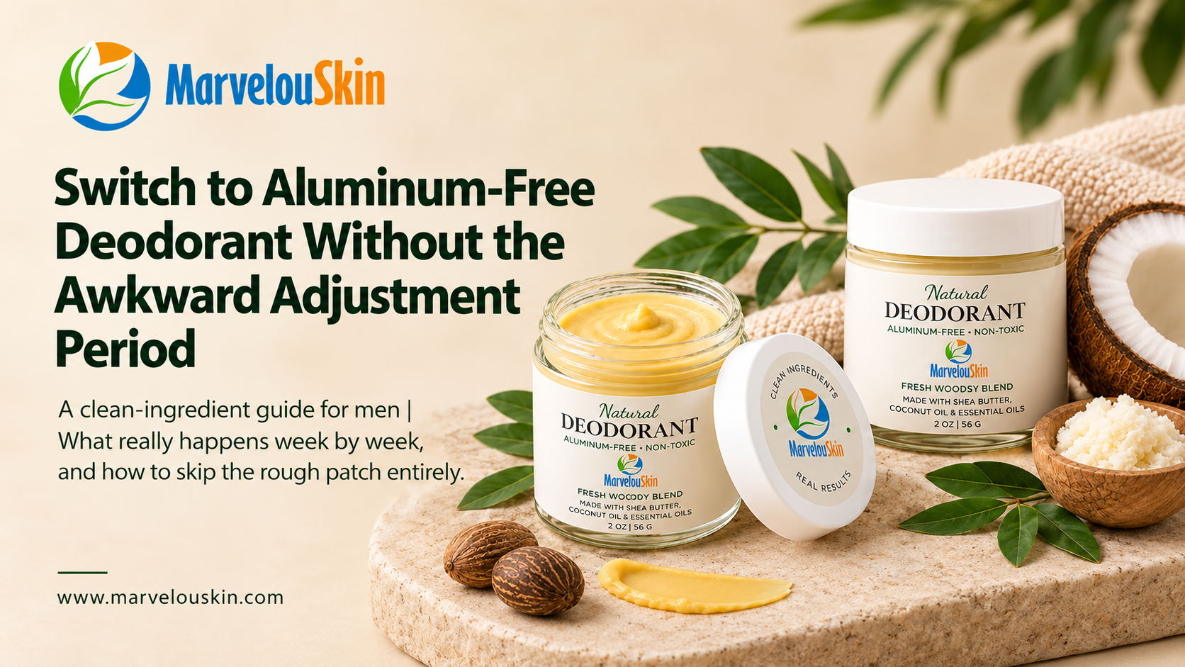 MarvelouSkin aluminum-free natural deodorant cream with clean ingredients for men, promoting an easy switch.