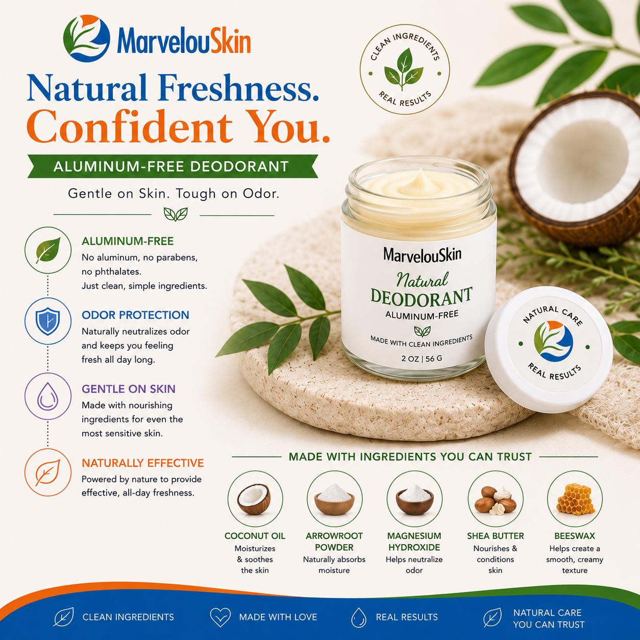 MarvelouSkin aluminum-free natural deodorant made with clean ingredients for gentle odor protection and sensitive skin care.