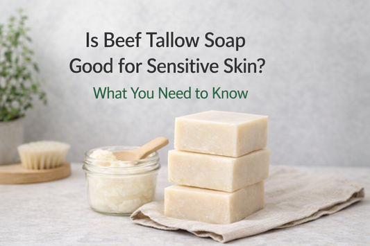 Beef tallow soap bars stacked on linen cloth with jar of rendered tallow for sensitive skin care