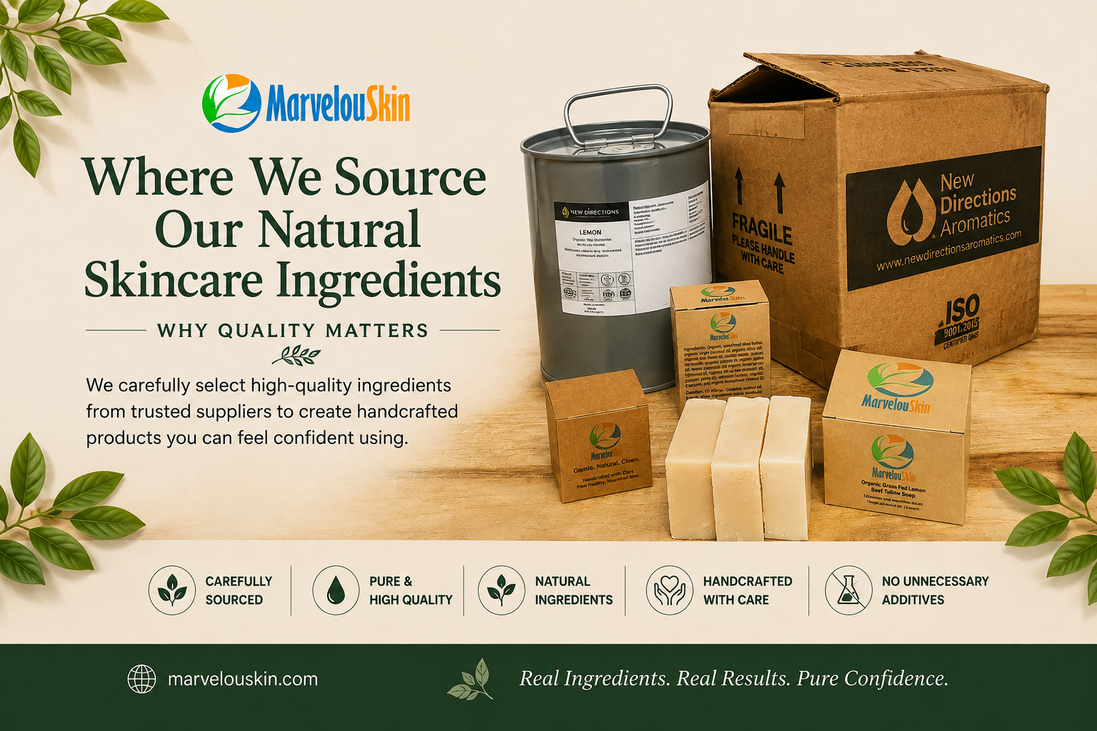 Banner showing MarvelouSkin natural skincare ingredients, New Directions Aromatics supplies, and handcrafted products illustrating the importance of quality ingredient sourcing.